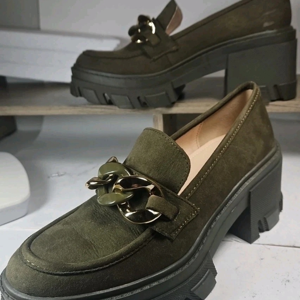 Just Fab Women Sz 7.5 Olive Green Up Chunky High Heeled Shoes